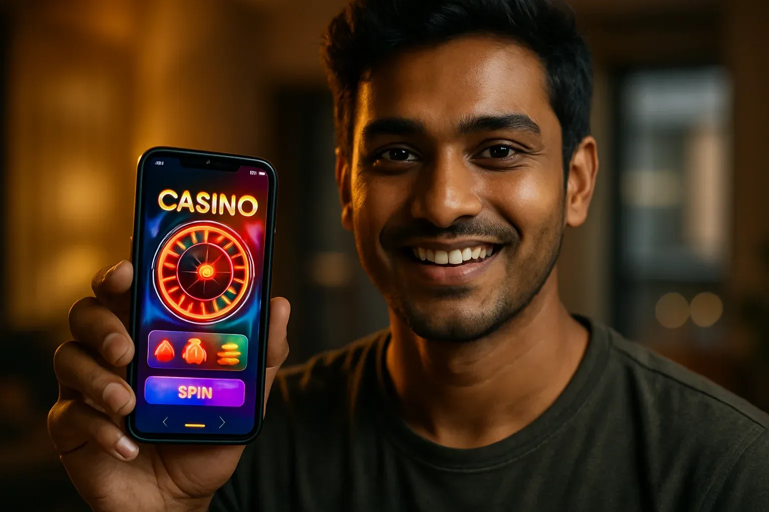 Young Bangladeshi man holding smartphone showing colorful casino app interface