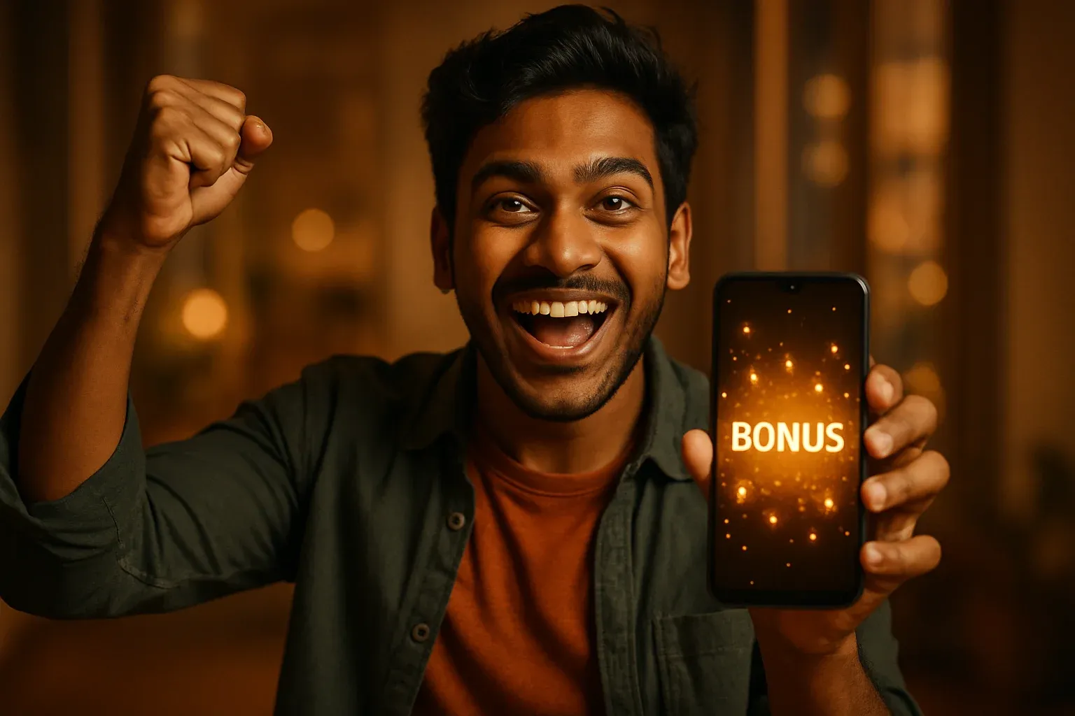 Joyful Bangladeshi man holding smartphone with glowing bonus notification celebration