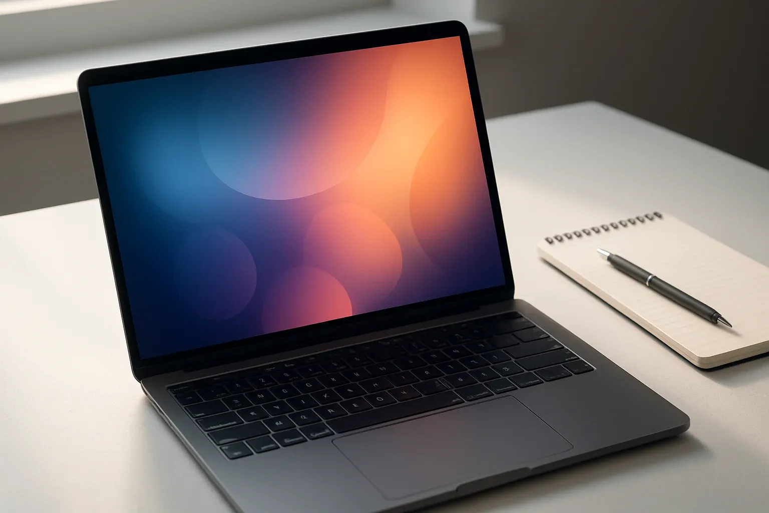Modern laptop on white desk with pen and notepad