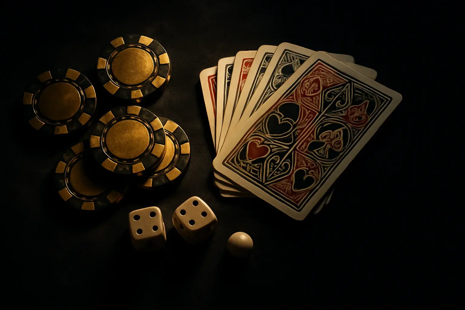 Golden casino chips, cards, dice, and roulette ball on dark velvet