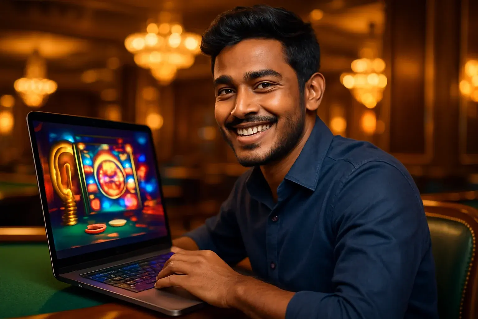 Cheerful Bangladeshi man with open laptop showing colorful casino interface