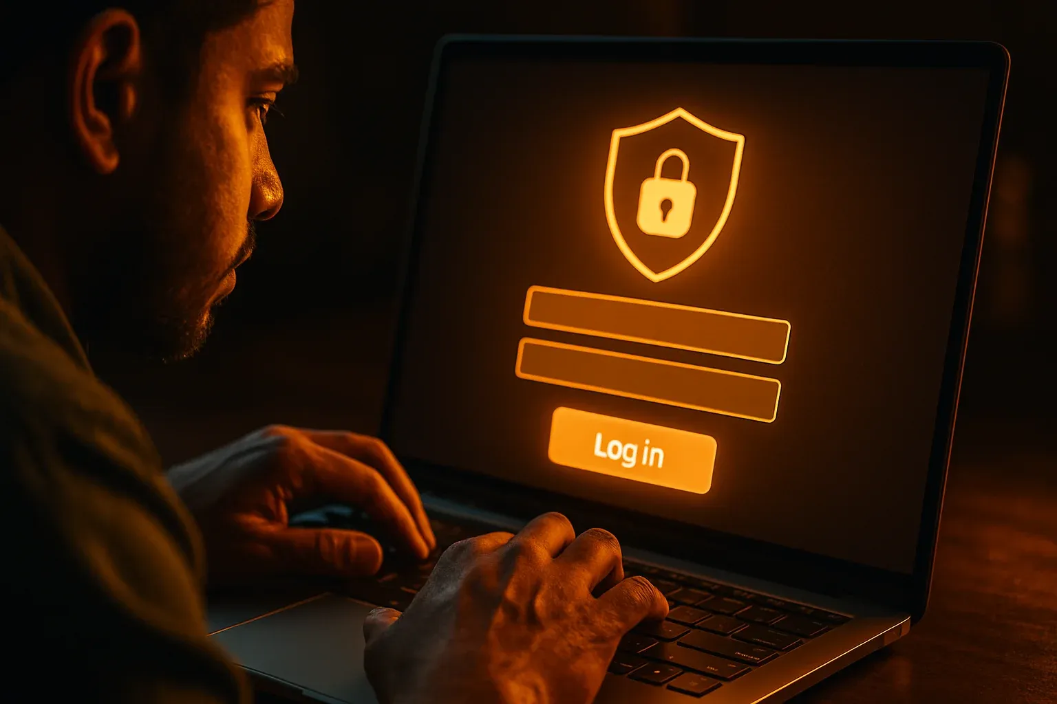 Bangladeshi man's hands on laptop showing stylized login form