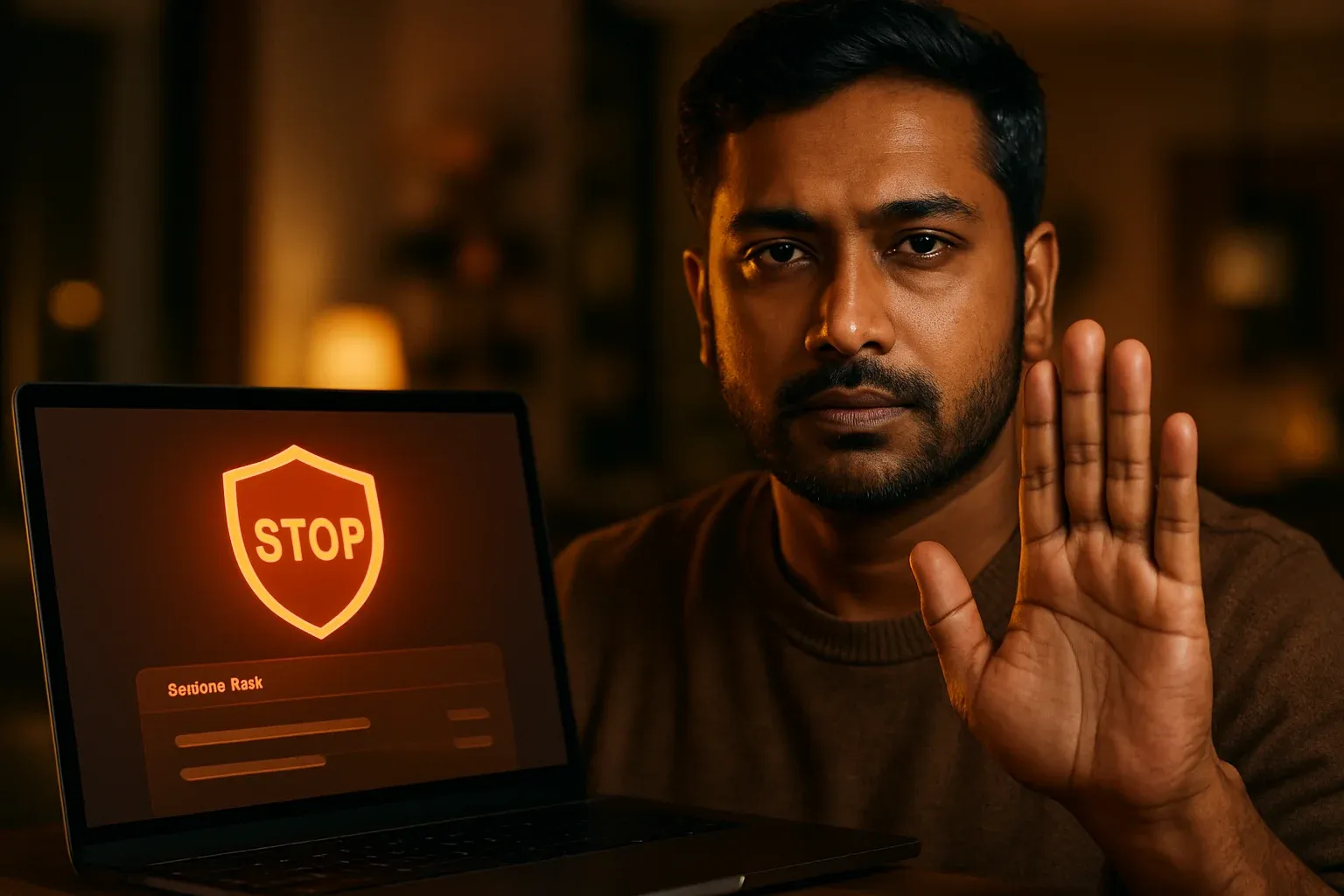 Bangladeshi man shows stop gesture beside laptop with responsible gambling screen