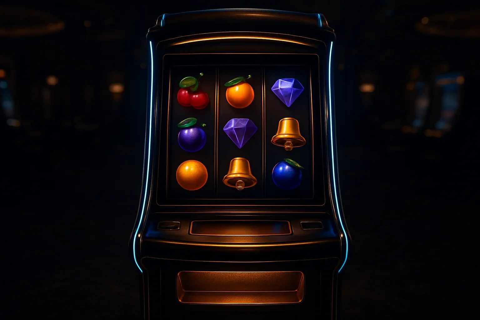 Hyperrealistic premium slot machine with glowing reels in a dark luxury casino